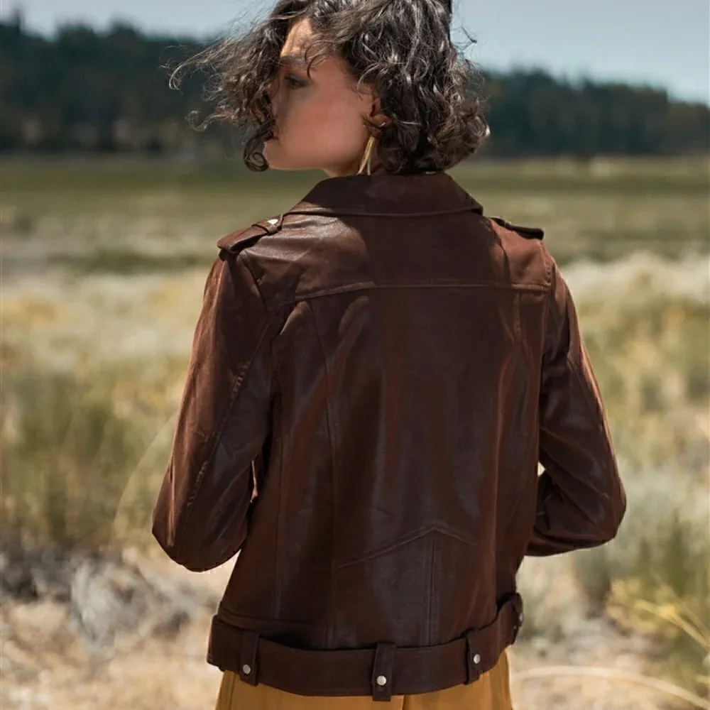 Brown Faux Suede Edgy Belted Hem Biker Jacket